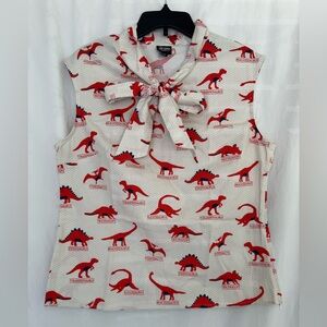Retrolicious Sleeveless Tie-Neck Dinosaur Print Blouse